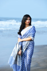 'Zehn-e-Gul' Periwinkle Grey Pure Resham Cotton Silk Banarasi Handloom Saree